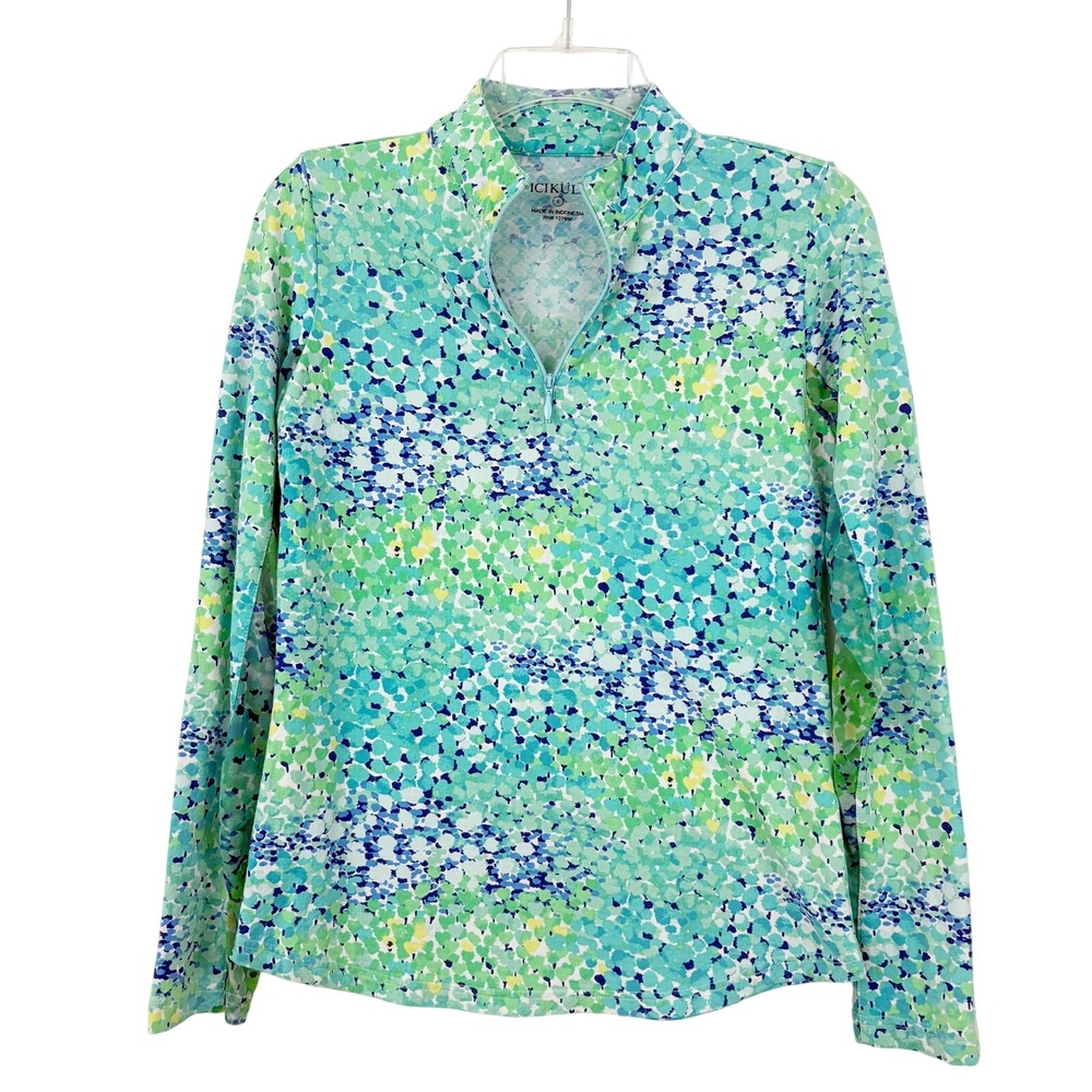 ICIKULS Long Sleeve Mock Neck Quarter Zip Top Size S Green Blue Abstract
